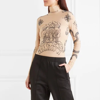 Angelababy Slavenību Pašā Punktā Zemāko Krekls Sieviešu Pavasara Vasaras Jauno Caurspīdīgs Tetovējumu Modeli Ilgi SleeveTop Unisex