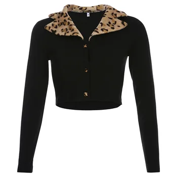 ArtSu Rudens Ziemas Melna Trikotāžas Leopard Crop Topi, Sieviešu Slim Mīksts T-krekli 2020 Biroja Dāma Gadījuma Elegants Tee Femme ASTS21351