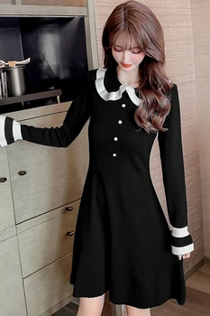 COIGARSAM franču Stila Pilna Piedurknēm Sievietēm viengabala kleita korejas Pavasara Adīšanas Zaudēt Kleitas Black 90380
