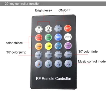 DC5-24V RGB Mūzikas kontrolieris 20Key RF tālvadības Skaņas sensors USB RGB kontrolieris 3 veidu LED 5050 Sloksnes 3528 2835 RGB LED Lampas 12V