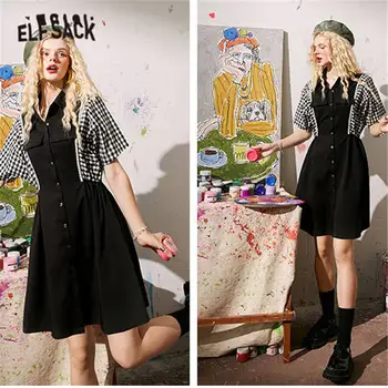 ELFSACK Black Pleds Raibs Šiks Pogu Gadījuma Mini Kleita Sievietēm 2020. Gada Vasaras ELF Vintage Īsām Piedurknēm, Sieviešu Ikdienas Kleitas