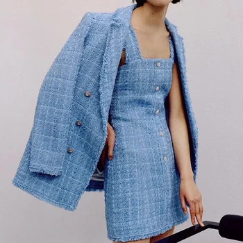 Gadījuma Sievietes Elegantu Zilu Bleizeri Modes Dāmas Tvīda Vintage Zaudēt Žakete, Žaketes Gadījuma Sieviešu Streetwear Šiks Uzvalki, Robots