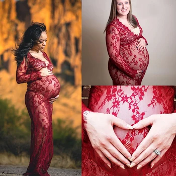 Grūtniecības Kleita, par Foto Atvašu Dzemdību Foto Aksesuārus, Seksīgs V veida Kakla Mežģīnes Maxi Kleita Kleita Plus Lieluma Grūtnieču Drēbes