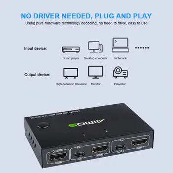 HDMI KVM Slēdzis 2 in 1 No 4K@30Hz ar USB2.0 centru DATORA Monitoru, Projektoru Tastatūru, Peli Piliens Kuģniecība