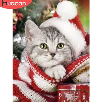 HUACAN Ziemassvētku 5D DIY Dimanta Krāsošana Kaķis Pilna Urbt Kvadrātveida Dimanta Izšuvumi Suņu Ziemas Dekori Mājas Priekšstatu Par Rhinestone