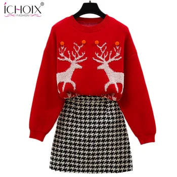 ICHOIX Ziemassvētku Divas Gabals, kas Ziemā Sieviešu Sarkans Džemperis+ Plānas Vilnas Pleds Svārki Uzvalku Jaunu Tendenci 2 Gabals Tērpi, Sieviešu Apģērbs
