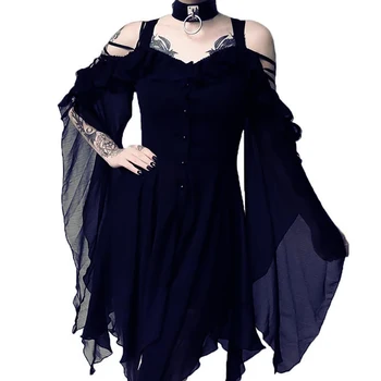 Imily Gothic Šifona Mini Kleita Sievietēm Sexy Savirmot Pie Pleca Slash Kakla Izlīdzināšanu Piedurknēm Augsto Vidukli, Pogas Kleitas Femme Vestidos