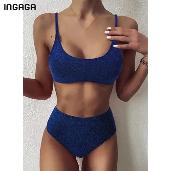 INGAGA ir 2021. Peldmēteļi, Augsts Viduklis, Bikini, Peldkostīmi, Sieviešu Push Up peldkostīmu Spīguļi, Dzirkstošais Biquini Sexy Siksna Bikini Komplekts