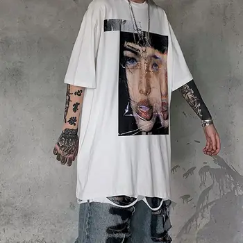Ins Eiropā high street tumši bēru sub-piespiedu portreta druka hip-hop retro zaudēt īsām piedurknēm T-kreklu apdruka vīriešu sieviešu