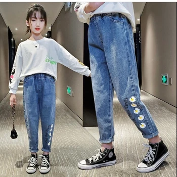 INS KARSTĀ Baby meiteņu džinsi 4-13 gadiem korejiešu stilā, kokvilnas karikatūra Drukāšanas marķēšanas zīmulis stretch bikses garās bikses gudrs