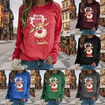 Ir 2021. Neue Ziemassvētku Sieviešu Krekls Gadījuma Plus Lieluma Ziemassvētku Elk Drukāšanas Sieviešu Topi O Apkakli, Garām Piedurknēm Džemperis Streetwear