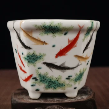Izsmalcinātu Ķīniešu Kolekcionējamus Mazo Auspicious Porcelāna Puķu Pods Krāsotas ar Zivīm