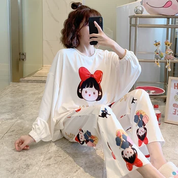 Japānas Anime Kiki Piegādes Pakalpojumu Sieviešu Pidžamas Dāmas ar garām Piedurknēm Topi, Bikses Pijama M-3XL Plus Lieluma Naktsveļu Meitenes Pyjama