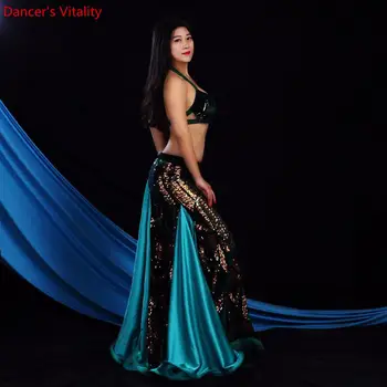 Jaunu vēdera dejas, tērpu grupas kostīmu konkurss Sequin Samta Dziļi Krūšturis Top Ilgi Svārki 2pecies Austrumu Deju Tērps