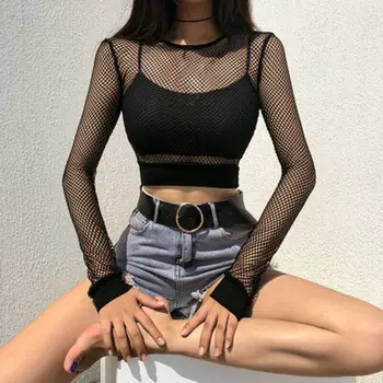 Karstā Pārdot Sievietes Sexy Redzēt Cauri Melnās Acs Fishnet Kultūraugu Top Dāmas Ar Garām Piedurknēm Oneck Sieviešu T-Krekls Topi Gothic Kawaii Drēbes