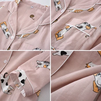 KISBINI Jauna Rudens Sieviete Sleepwear Gudrs Kaķis Drukāt Tīras Kokvilnas Pidžamas Komplekts sievietēm ar garām Piedurknēm Pogas Sieviešu Pidžamas Komplekts