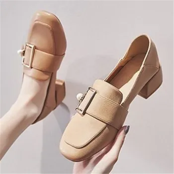 Kvadrātveida galvu mokasīni jaunās Britu stila mazās ādas kurpes biezs papēdis čības sieviešu kurpes zapatos mujer de sieviešu kurpes