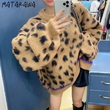 MATAKAWA Retro Leopard Džemperis Sieviešu korejas Zaudēt Rudens un Ziemas Sabiezējums Laternu Piedurknēm Džemperis Plīša Džemperi Sieviete