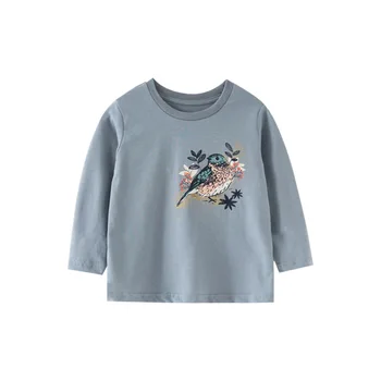 Maz maven meitenes Rudens Toddler Meitenes ar garām Piedurknēm Topi Putnu izšūšana T Kreklu, Kokvilnas Bērniem Bērnu Zīdaiņu Kritums Apģērbu