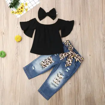 Meiteņu Apģērbu Komplekti 2019 New Baby Girl Tērpiem baby girl vasaras apģērbs Bērniem, Apģērbs Vestes Top T krekls+ Leopard Elsas Set 3PCS