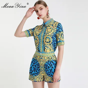 MoaaYina Modes Dizainere Uzstādīt Pavasara Vasaras WomenShort piedurknēm Fāzēm Vintage Dot Drukas Krekls Topi+Šorti divdaļīgs kostīms