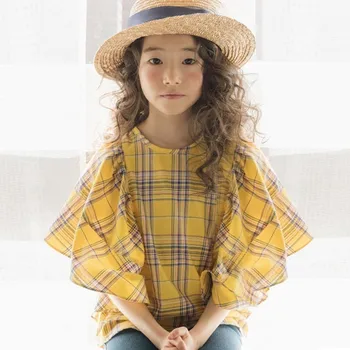 Modes 2020. gadam Pavasara Pleds Meitenes Krekli Jaunas Ielidošanas Bērni Cute Bell Piedurknēm Krekls Pusaudžu Meiteņu Kokvilnas Zīdaiņu Meiteņu Krekls