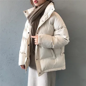 Modes cietā sieviešu ziemas dūnu jaka stand apkakli, īsām vienu-krūšu mētelis preppy stils parka dāmas šiks outwear sieviete