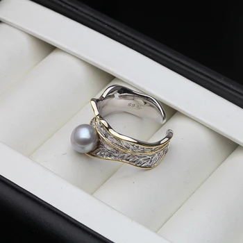 Modes Dabiskie Saldūdens black Pearl gredzens Sievietēm, Kāzu Lotus leaf formas 925 sterling silver Gredzeni, Dāvanu