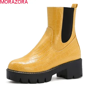 MORAZORA 2020. gadam, Liela izmēra 34-43 modes sieviešu zābaki laukumā papēži apaļu purngalu dāmas kurpes rudens ziemas potītes zābaki melnā skaida