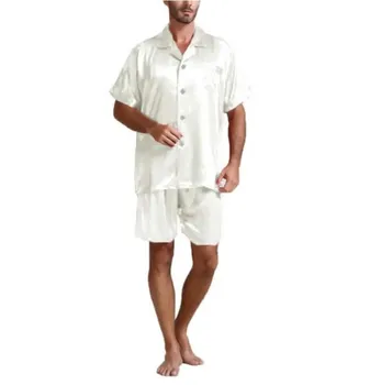Plus Lieluma Vasaras Modes Vīriešu Zīda Satīna Pidžamas Komplekti Mīksto Sleepwear Zīda Īsām Piedurknēm Topi Īss Vīriešu Pidžamas Homewear Tērpi M-3XL