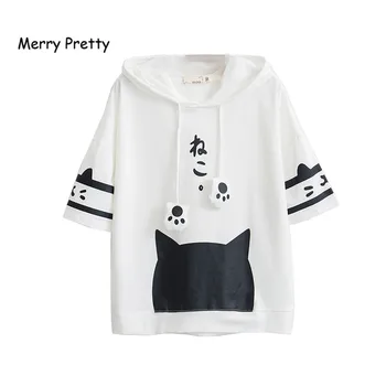 Priecīgus Diezgan T Krekls Sievietēm Harajuku Japānas Stila Kawaii Kaķis Tshirt Balto Kapuci Īsām Piedurknēm Kokvilnas Meitenes Tumblr Draugiem Tshirts