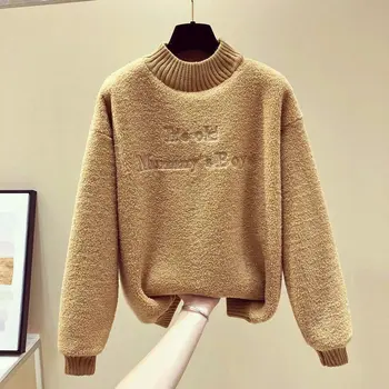 Puse augsta apkakle Plīša sabiezējumu džemperis sieviešu jaunu, lielu Džemperi matains imitācija Jēru Kažokādas top ziemas 2019