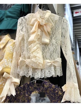 Retro ruffles kroku loku apdare mežģīņu krekls dāmas pavasara dobi viedokļa modes savvaļas vidukļa tops