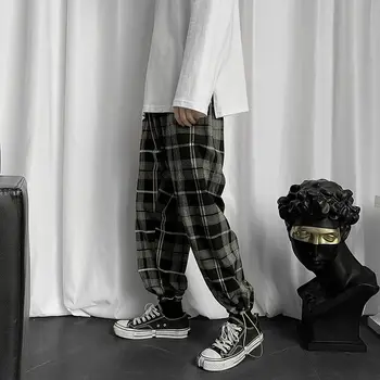 Rudens Kokvilnas Pleds Bikses Vīriešu Modes Retro Aukliņu Gadījuma Bikses Vīriešu Streetwear Hip-hop Zaudēt Taisnas Bikses Vīriešu M-5XL