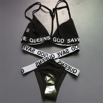 Seksīgi bikini, Sieviešu Peldkostīmi Krūšturis God Save Karalienes Vēstules Drukāt Beachsuit Bikini komplekts 2018 Pārsējs Trīsstūris Peldkostīmu Melns peldkostīms