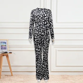 Sexy Gepards Drukāt Samta Jumpsuits Slim Fit Plaša Kāju Bikses ar Jostas Gadījuma Kombinezons Sievietēm 2020. Gadam Ietilpst Apģērbu Modes 2XL