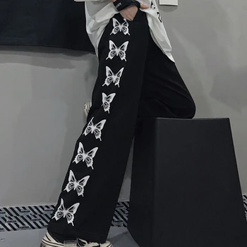 Sieviešu Plaša Kāju Bikses Vintage Tauriņu Sieviešu Bikses Elastīgs Augsta Vidukļa Biksēm Gadījuma Sieviešu Korejas Taisnas Bikses Meiteņu Bikses