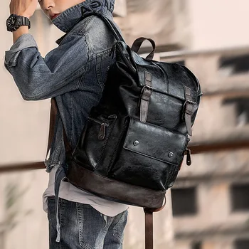 Slavenu zīmolu vīriešu ceļojumu mugursoma, modes korejas vīriešu PU ādas schoolbag pleca soma, lielas ietilpības pārgājienu mugursoma