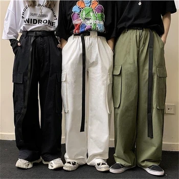 Streetwear kravas bikses Visus atbilstošos Solid (Dungriņi) Gadījuma Bikses, Josta, Jostas korejiešu Stilā Ins Tendence Vīriešiem Un Sievietēm Plāksteris Soma