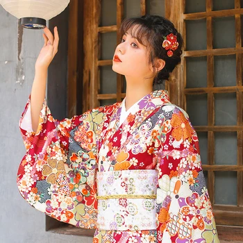 Tradicionālā Japāņu kimono, Tumši Sarkans Yukata Sajūta Drēbes Ar Obi Halloween Cosplay Meitenes Kleita