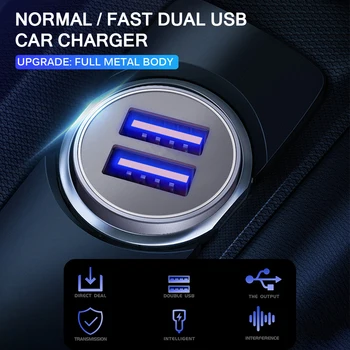 Universālā Dual USB Automašīnas Lādētājs 5V 2.4 Mini Lādētājs Ātrā Uzlāde LED Smart Tālrunis, lai Xiaomi ROIDMI 3S Samsung IPhone X