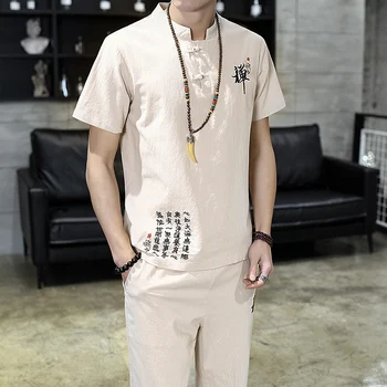 Vasaras Kokvilnas veļa īsām piedurknēm vīriešu t un aukliņu siksna Potītes Garuma bikses Ķīniešu stilā vīriešiem, divas-gabals, kas Āzijā izmēra