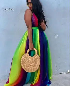 Vasaras Sieviešu apģērbu spageti siksnas Backless varavīksnes Šifona Kleitas pludmales stilu, dziļi v-veida kakla gara kleita