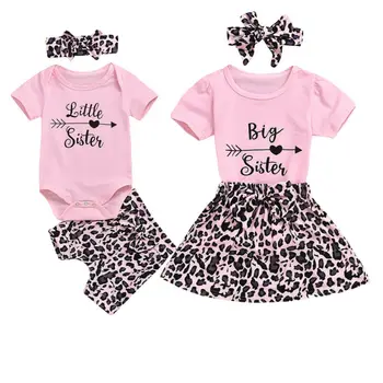 Vasaras Toddler Zīdaiņiem Un Bērniem, Bērnu Meitene Māsa Atbilstošas Drēbes Ar Īsām Piedurknēm T-Krekls/Bodysuit Top+Leopard Loku Svārki /Bikses Apģērbs