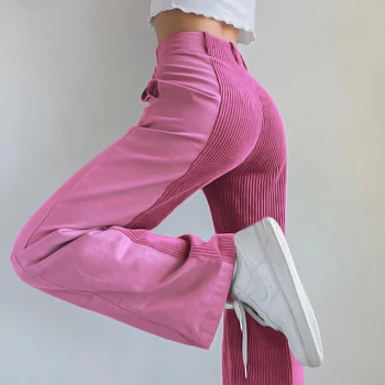Velveta Raibs Taisnas Bikses Sievietēm Augsta Vidukļa Vintage Bikses Sieviešu Ikdienas Streetwear Bikses Pantalones Mujer De