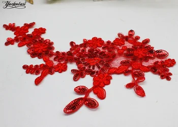 YACKALASI Līgavas Kāzu Appliqued Ziedu Mežģīnes Plāksteri Sequined Cepures 3D Izšūti Spogulis Pāriem Šūšanas Apdares Red 33cm*17cm