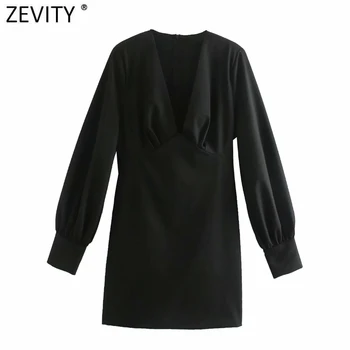 Zevity ir 2021. Sieviešu Modes Dziļu V veida Kakla Melna Līnija Mini Kleita Sieviešu Šiks Puff Piedurknēm Ielocēm Vestido Casual Slim Apģērbu DS4920