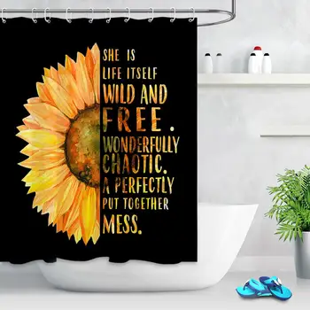 Ziedu Saulespuķu Dušas Aizkars Rudens Eļļas Glezna Puķe ar Motivāciju Vārdiem Melnā un Dzeltenā Mākslas Vannas Aizkaru Vannas istaba