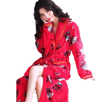 Ziemas Sieviešu Drēbes Sleepwear Biezs Silts Flaneļa Kimono Peldmētelis Sievietēm Ziedu garām Piedurknēm Koraļļu Samta Naktsveļu Homewear