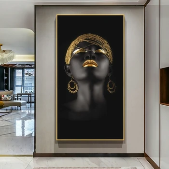 Āfrikas Sieviete Mākslas Gleznas Pie Sienas, Mākslas Plakāti Un Izdrukas Black Rokās Turot Zelta Rotaslietas Kanvas Bildes Mājas Dekoru